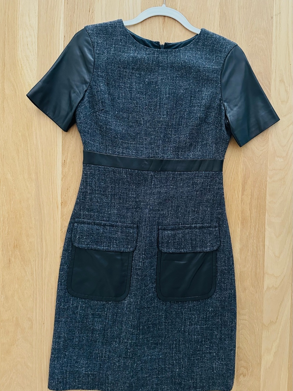Robert Rodriguez Charcoal Tweed Sheath Dress with Black Faux Leather Trim, P